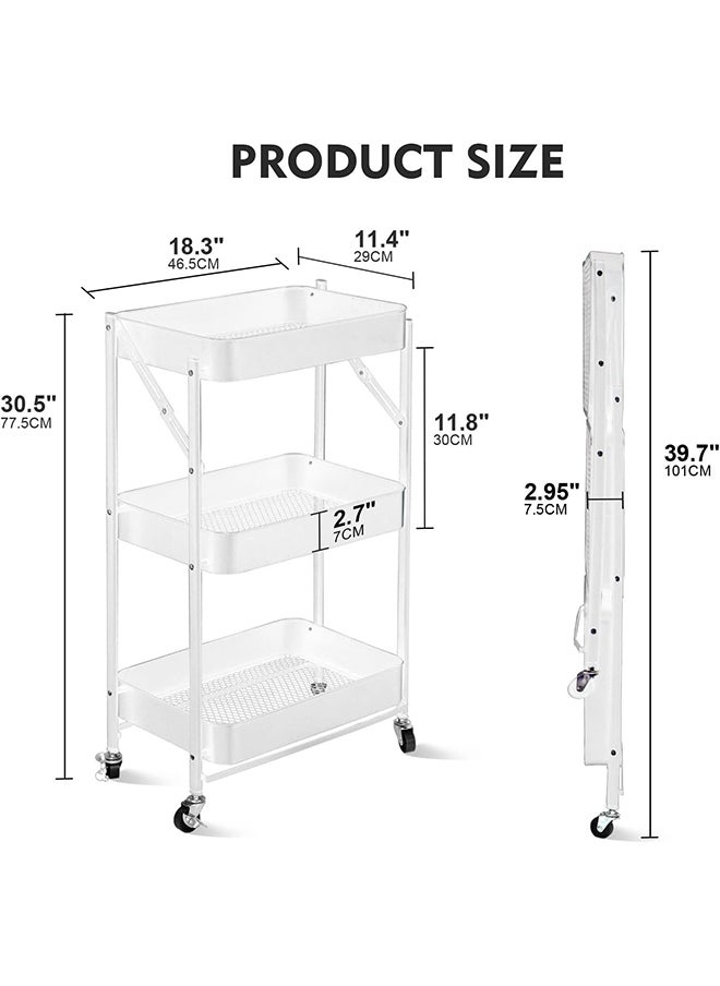 SKY-TOUCH - 3 Tier Foldable Metal Rolling Utility Cart Organizer, 46x30x76cm Multipurpose Organizer Trolley with Casters for Kitchen, Bedroom, Bathroom, Office, Laundry Room, and Garage, White - Image 1