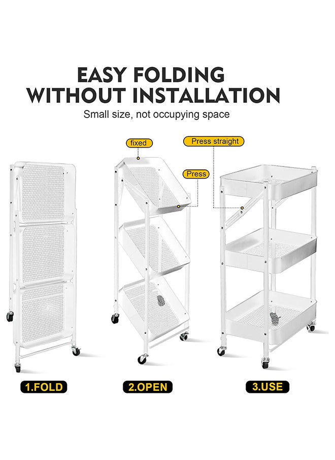 SKY-TOUCH - 3 Tier Foldable Metal Rolling Utility Cart Organizer, 46x30x76cm Multipurpose Organizer Trolley with Casters for Kitchen, Bedroom, Bathroom, Office, Laundry Room, and Garage, White - Image 1