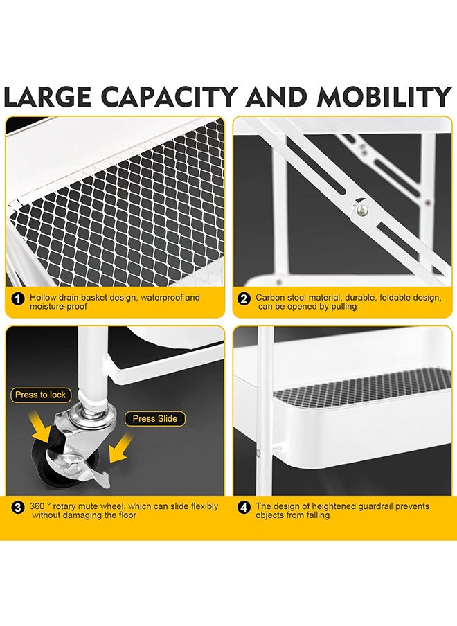 SKY-TOUCH - 3 Tier Foldable Metal Rolling Utility Cart Organizer, 46x30x76cm Multipurpose Organizer Trolley with Casters for Kitchen, Bedroom, Bathroom, Office, Laundry Room, and Garage, White - Image 1