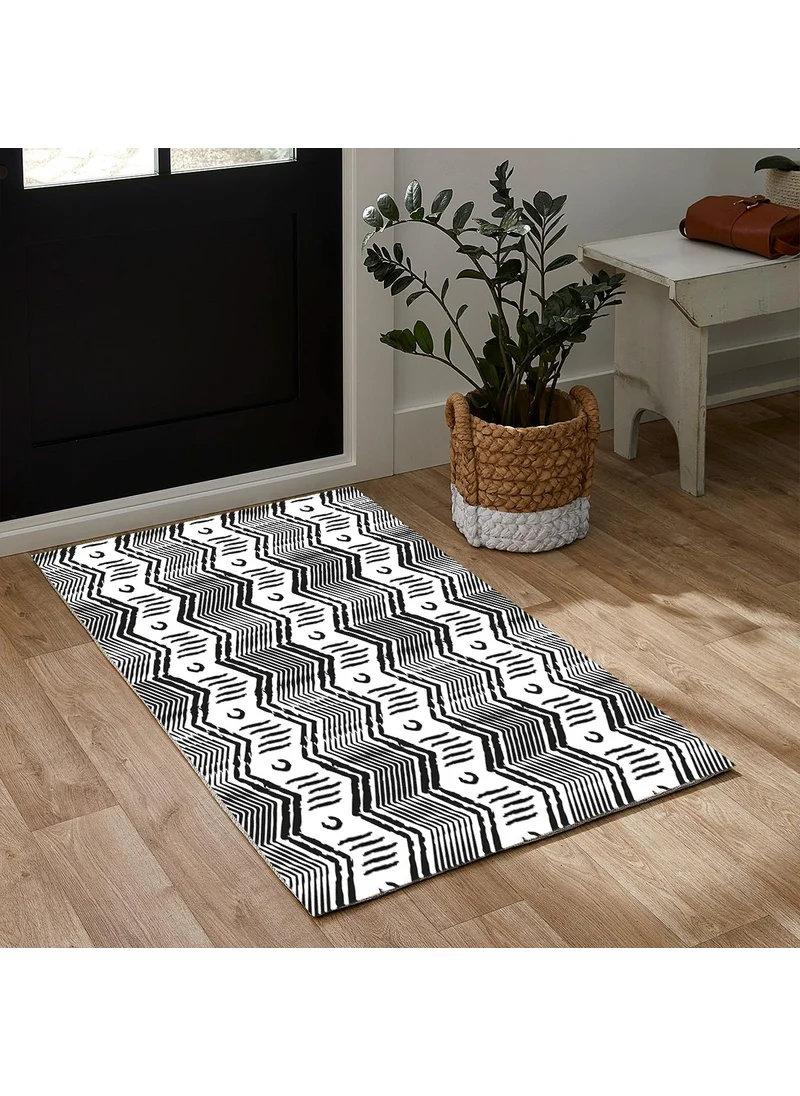 Vagonik Wagonik Bohemian Zigzag Scandinavian Patterned Black and White Digital Printed Carpet Non-Slip Based Washable Carpet