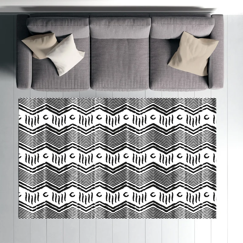 Vagonik Wagonik Bohemian Zigzag Scandinavian Patterned Black and White Digital Printed Carpet Non-Slip Based Washable Carpet