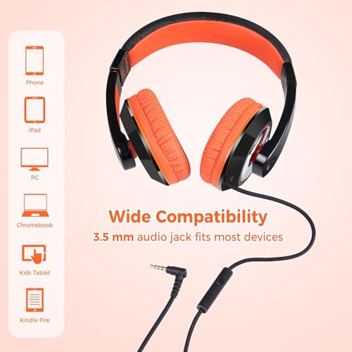 rockpapa Comfort+ Kids Headphones with Microphone, Boys Girls Student Over-Ear Headphones Wired for School Classroom Laptop PC Computer Tablet Black Orange - Image 3