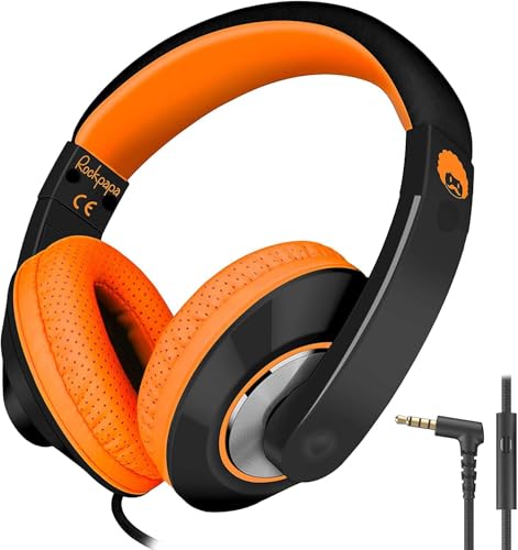 rockpapa Comfort+ Kids Headphones with Microphone, Boys Girls Student Over-Ear Headphones Wired for School Classroom Laptop PC Computer Tablet Black Orange - Image 1