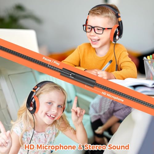 rockpapa Comfort+ Kids Headphones with Microphone, Boys Girls Student Over-Ear Headphones Wired for School Classroom Laptop PC Computer Tablet Black Orange - Image 4