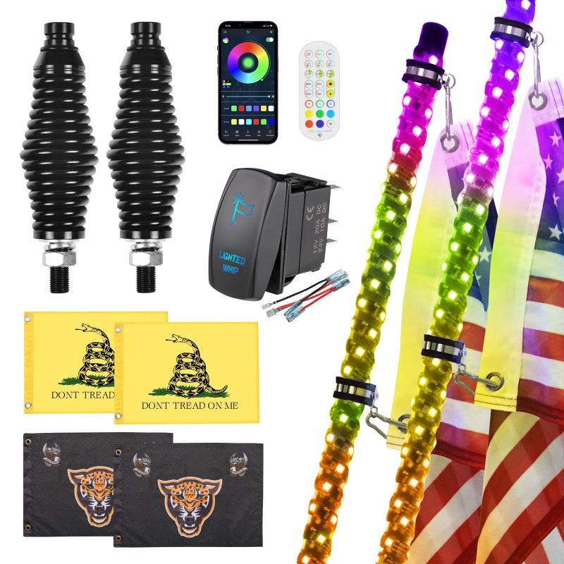 Ehaho 2 Pack 5FT Whip Lights with Spring Base,LED Whip Light with App & Remote Control, Spiral RGB Chasing Lighted Whips with Rocker Switch, Music Whip Light for UTV ATV Polaris RZR Can-Am SXS Truck - Image 1