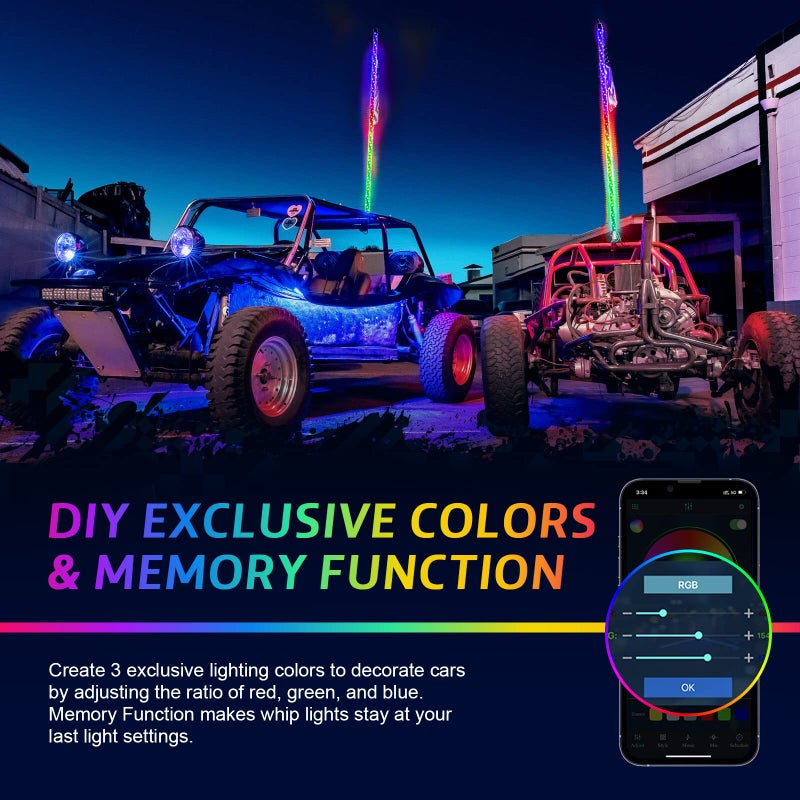 Ehaho 2 Pack 5FT Whip Lights with Spring Base,LED Whip Light with App & Remote Control, Spiral RGB Chasing Lighted Whips with Rocker Switch, Music Whip Light for UTV ATV Polaris RZR Can-Am SXS Truck - Image 5