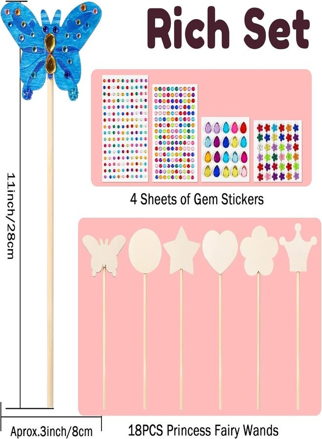 Pllieay Princess Fairy Wands Kit Include 18 Pieces 6 Styles Unfinished Wooden Princess Wand and 4 Gem Stickers Princess Art Magical Show for Party Supplies - Image 2