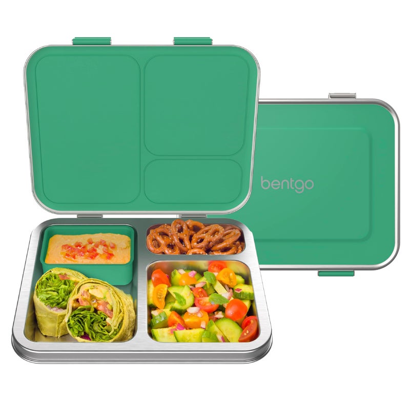 Bentgo Kids Stainless Steel LeakResistant Lunch Box  3Compartments with Bonus Silicone Container Durable EcoFriendly Dishwasher Safe BPAFree Ideal for School Ages 3 Green