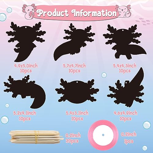 B1ykin 60Pcs Axolotl Scratch Card Gifts Ornaments Set DIY Magic Axolotl Scratch Cards Craft Kit for Kids Black Hanging Tags Party Favors for Birthday School Classroom Art Activity - Image 5