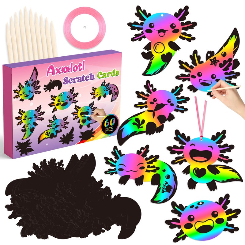 B1ykin 60Pcs Axolotl Scratch Card Gifts Ornaments Set DIY Magic Axolotl Scratch Cards Craft Kit for Kids Black Hanging Tags Party Favors for Birthday School Classroom Art Activity - Image 3
