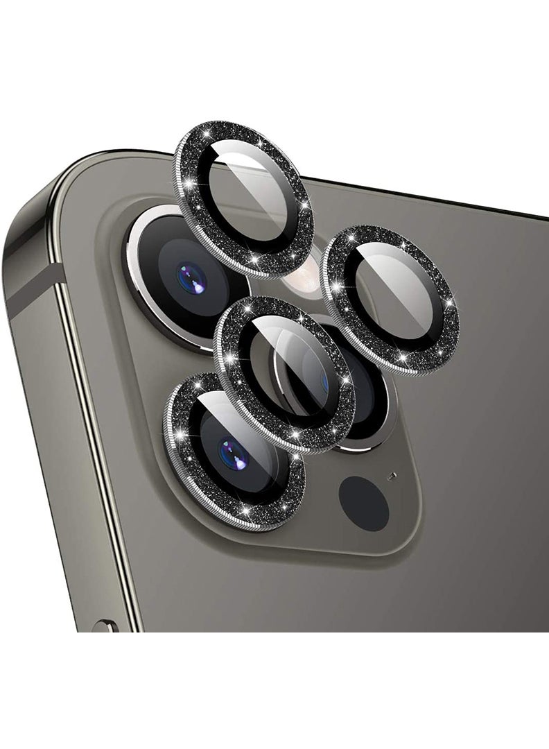 Theodor iPhone 12/ 12 Pro 3 Pcs Camera Lens Protector With 9H Tempered HD Glass Camera Cover Anti Scratch Aluminum Alloy Camera Ring, Bling Glitter Black - Image 1