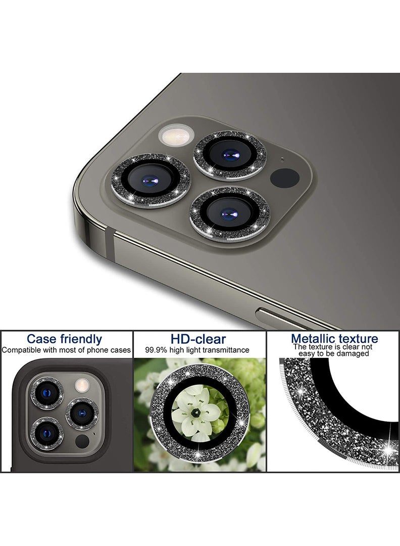 Theodor iPhone 12/ 12 Pro 3 Pcs Camera Lens Protector With 9H Tempered HD Glass Camera Cover Anti Scratch Aluminum Alloy Camera Ring, Bling Glitter Black - Image 2