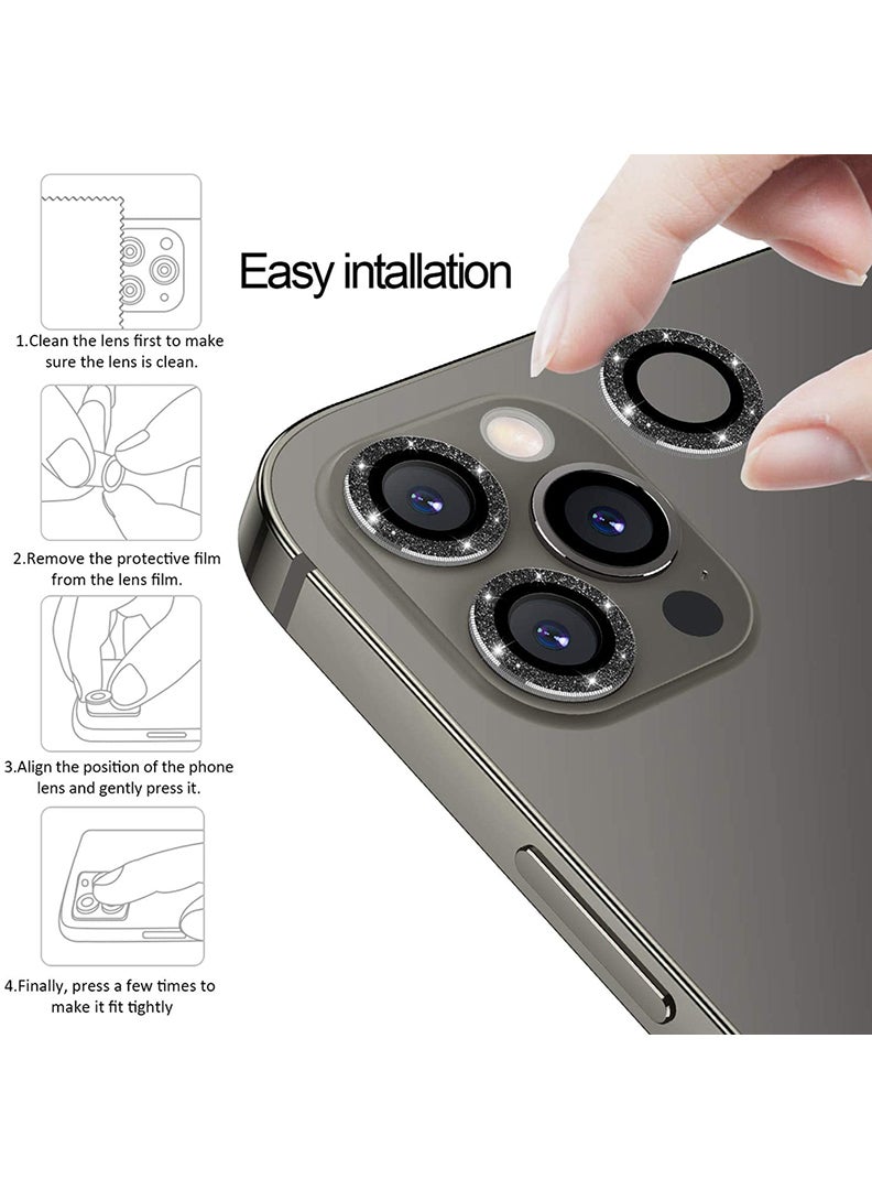 Theodor iPhone 12/ 12 Pro 3 Pcs Camera Lens Protector With 9H Tempered HD Glass Camera Cover Anti Scratch Aluminum Alloy Camera Ring, Bling Glitter Black - Image 3