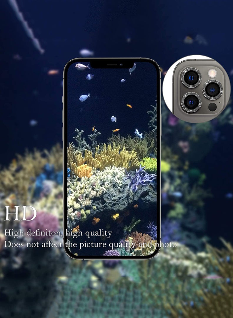 Theodor iPhone 12/ 12 Pro 3 Pcs Camera Lens Protector With 9H Tempered HD Glass Camera Cover Anti Scratch Aluminum Alloy Camera Ring, Bling Glitter Black - Image 4