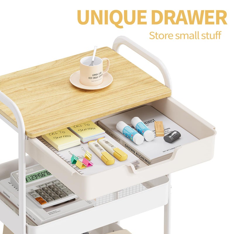 TOOLF 3-Tier Metal Utility Rolling Cart with Drawer and Wooden Table Top, Storage Cart White Trolley Kitchen Organizer Rolling Desk with Locking Wheels for Office, Classroom, Home, Bedroom - Image 3