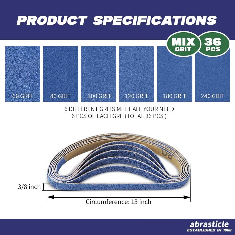 abrasticle 3/8" x 13" Zirconia Sanding Belts for Metal, 3/8 x 13 Inch Zirconia Metal Grinding Sand Paper, 36 PCS 6 Each of 60/80/100/120/180/240 Assorted Grits - Image 2