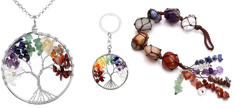 PANAKUMUS Combo of 3 Handcrafted 7 Chakra Tree of Life Pendant With 7 Chakra Tree of Life Keychain and 7 chakra Tumble Hanger for Gifting Good Luck Home Decoration - Image 1