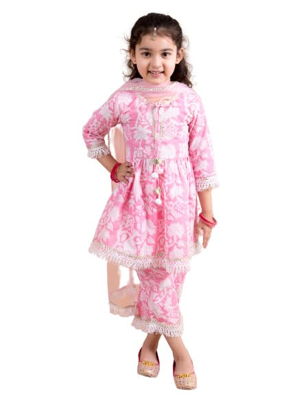 Pspeaches Girls Pink Printed Gotta Patti Pure Cotton Kurta With Palazzos With Dupatta (Pink-7-8Y) - Image 4