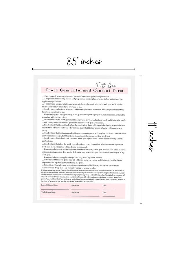 Boutique Marketing LLC - Tooth Gem Consent Form Intake Form Aftercare Form | 75 Pack | 8.5X11 Inch Paper Size Form | 25 Tooth Gem Consent Forms 25 Client Intake Forms 25 Tooth Gem Aftercare Forms - Image 1