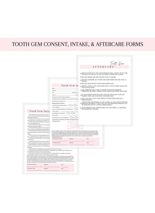 Boutique Marketing LLC - Tooth Gem Consent Form Intake Form Aftercare Form | 75 Pack | 8.5X11 Inch Paper Size Form | 25 Tooth Gem Consent Forms 25 Client Intake Forms 25 Tooth Gem Aftercare Forms - Image 1