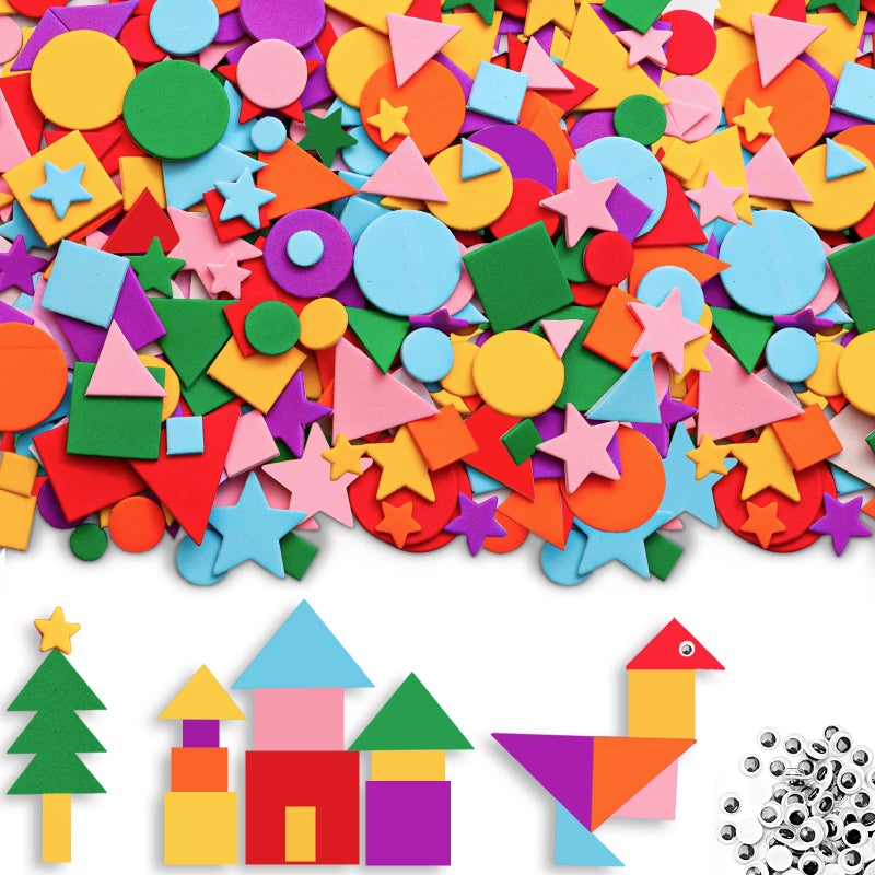 Gushu 1500Pcs Foam Stickers Foam Shapes Stickers for Kids10 Colors Self Adhesive Craft Supplies Geometric Stickers with Googly Eyes for Preschool Craft DIY Program Circle Square Triangle Star - Image 2