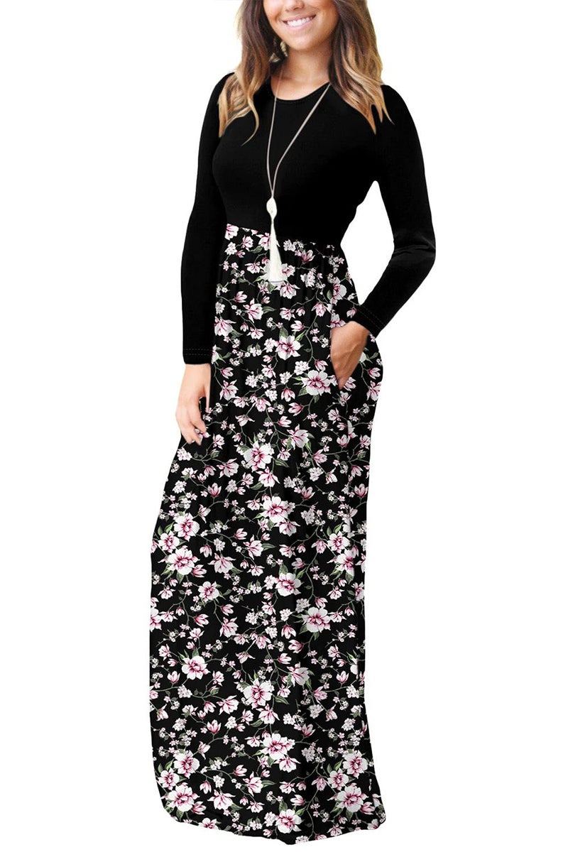 DEARCASE Maxi Dress for Women Floral Black Pink Small Crewneck Boho Long Sleeves Teacher A-line Casual Hawaiian Empire Waist Flowy Party Vintage Spring Fall Winter Floor Dresses with Pocket - Image 2