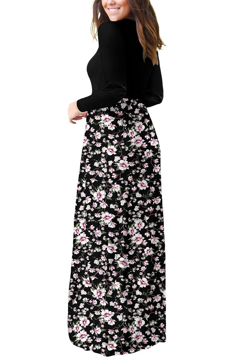 DEARCASE Maxi Dress for Women Floral Black Pink Small Crewneck Boho Long Sleeves Teacher A-line Casual Hawaiian Empire Waist Flowy Party Vintage Spring Fall Winter Floor Dresses with Pocket - Image 3