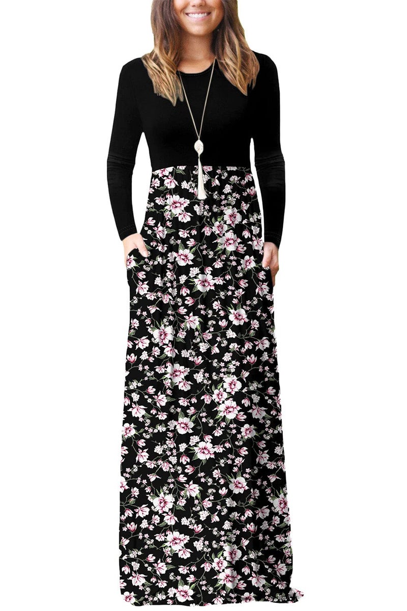 DEARCASE Maxi Dress for Women Floral Black Pink Small Crewneck Boho Long Sleeves Teacher A-line Casual Hawaiian Empire Waist Flowy Party Vintage Spring Fall Winter Floor Dresses with Pocket - Image 1