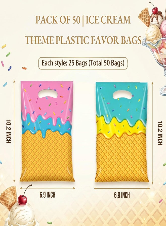 Merriva 50 Pack Ice Cream Party Favor Bags, Plastic Goodie Bag for Kids Birthday, Sweet Shoppe Candy Treat Gift Bags with Handle, Cute Summer Ice Cream Theme Party Supplies, Baby Shower Wedding Goody Gift Bag - Image 2