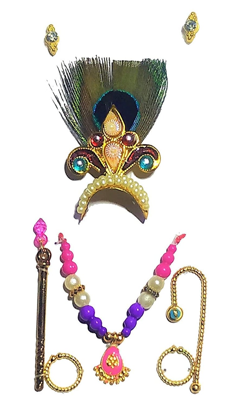 Kalka Fashion Radhey Krishna Laddu Gopal ji Fancy Shringar Combo Set with 6 Item Bansuri Kundal Kade Chhari Mukut Mala for Krishna Idol Size 0 1 2 Color Design As Per Availablear