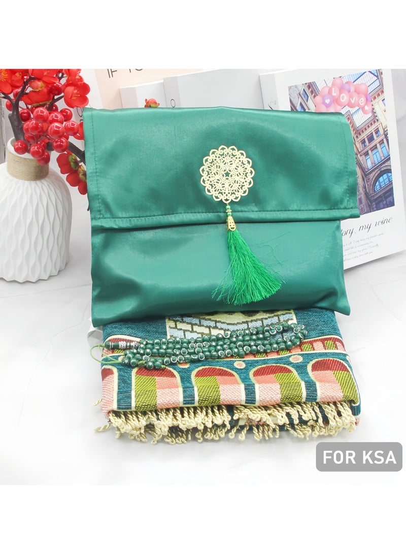 Gift Dowry Bundle Taffeta Fringed Box Prayer Rug Set Green  - Image 3