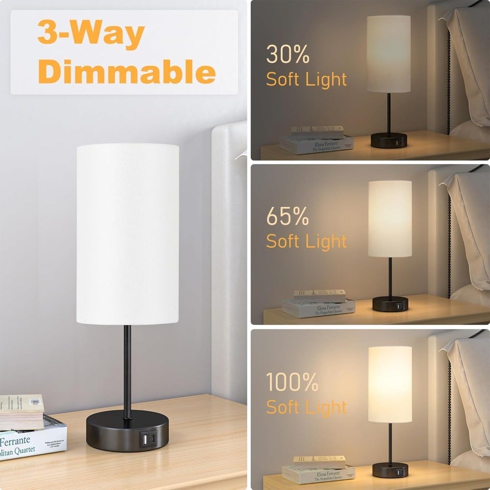 Touch Table Lamp with USB Charging Port - 3-Level Dimmable Bedside Lamp for Bedroom, LED Desk Lamp for Home Office, Black Base White Shade Includes LED Bulb