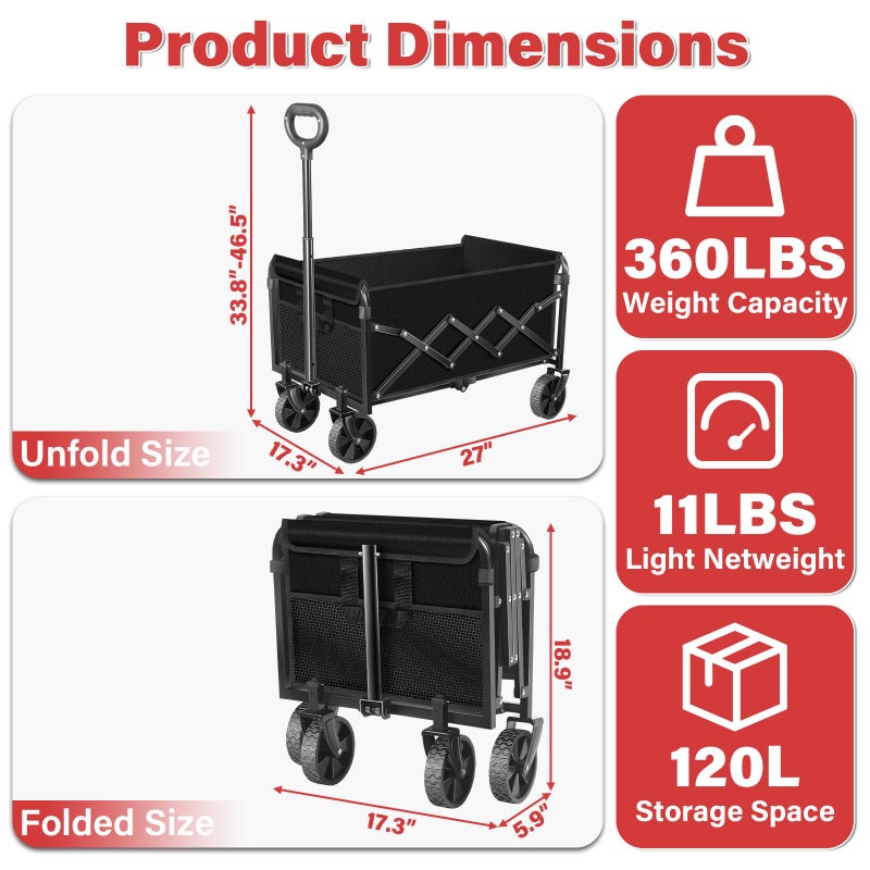 Exovyn Collapsible Folding Utility Wagon Cart with Wheels, 360 Lbs Heavy Duty Outdoor Foldable Wagon with Adjustable Handle, 2 Drink Holders, Portable Wagon for Groceries, Garden, Beach, Camping, Shopping - Image 2