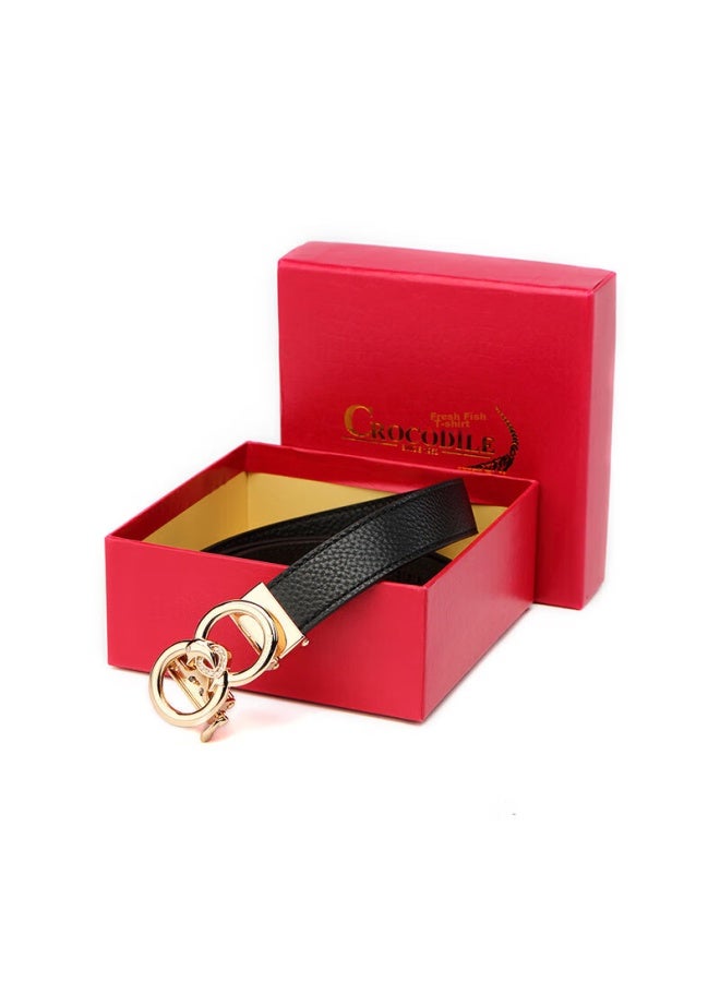 Crocodile Leather Women's Belt, Double-ring Automatic Buckle, Simple Top-grain Cowhide Waistband, Birthday Gift, T2909 Black - Image 4