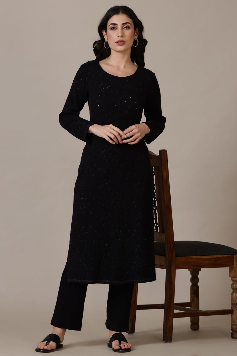 Aurelia Black Yarn Dyed Straight Kurta & Palazzo for Women (Size: M)-24NOAS15381-E705316 - Image 2