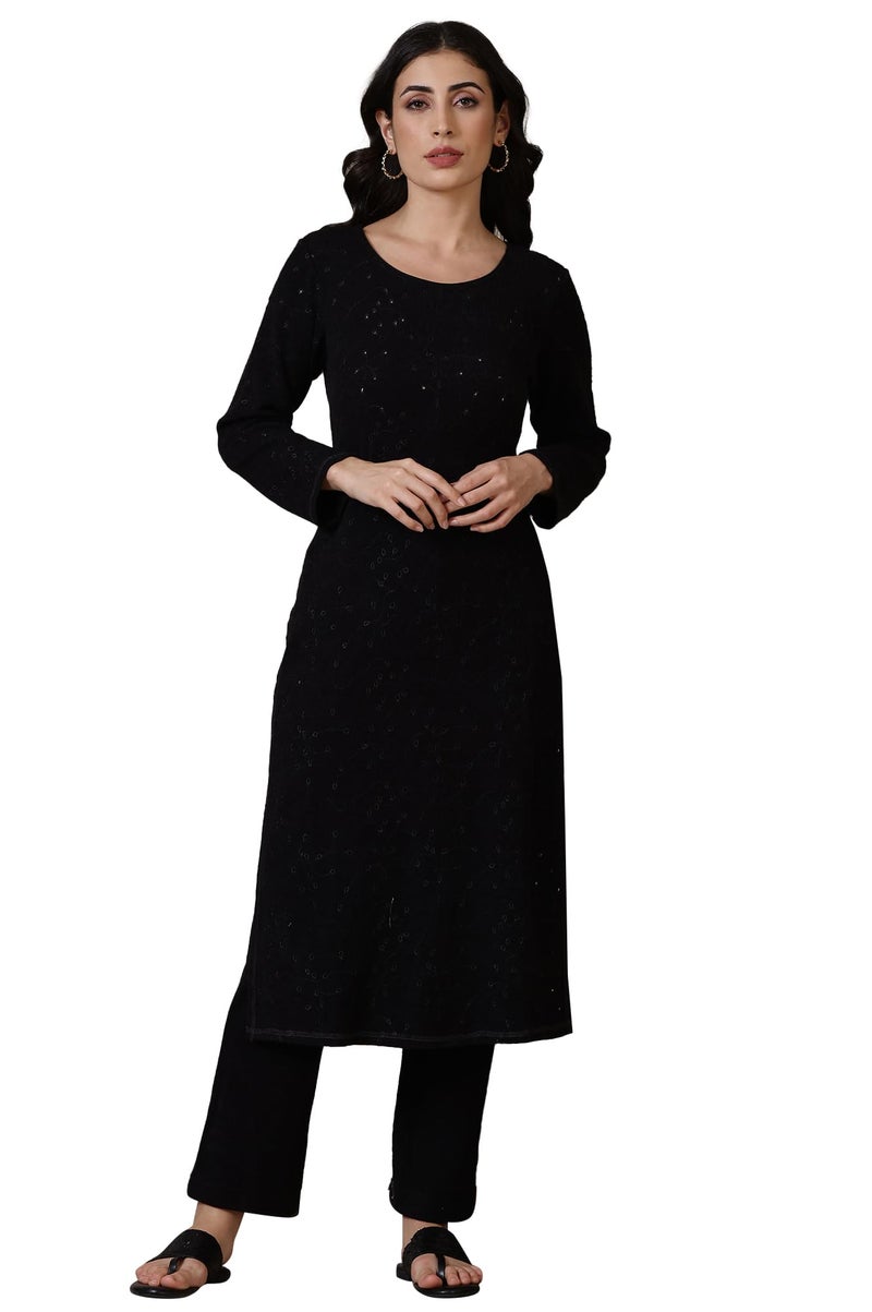 Aurelia Black Yarn Dyed Straight Kurta & Palazzo for Women (Size: M)-24NOAS15381-E705316 - Image 1