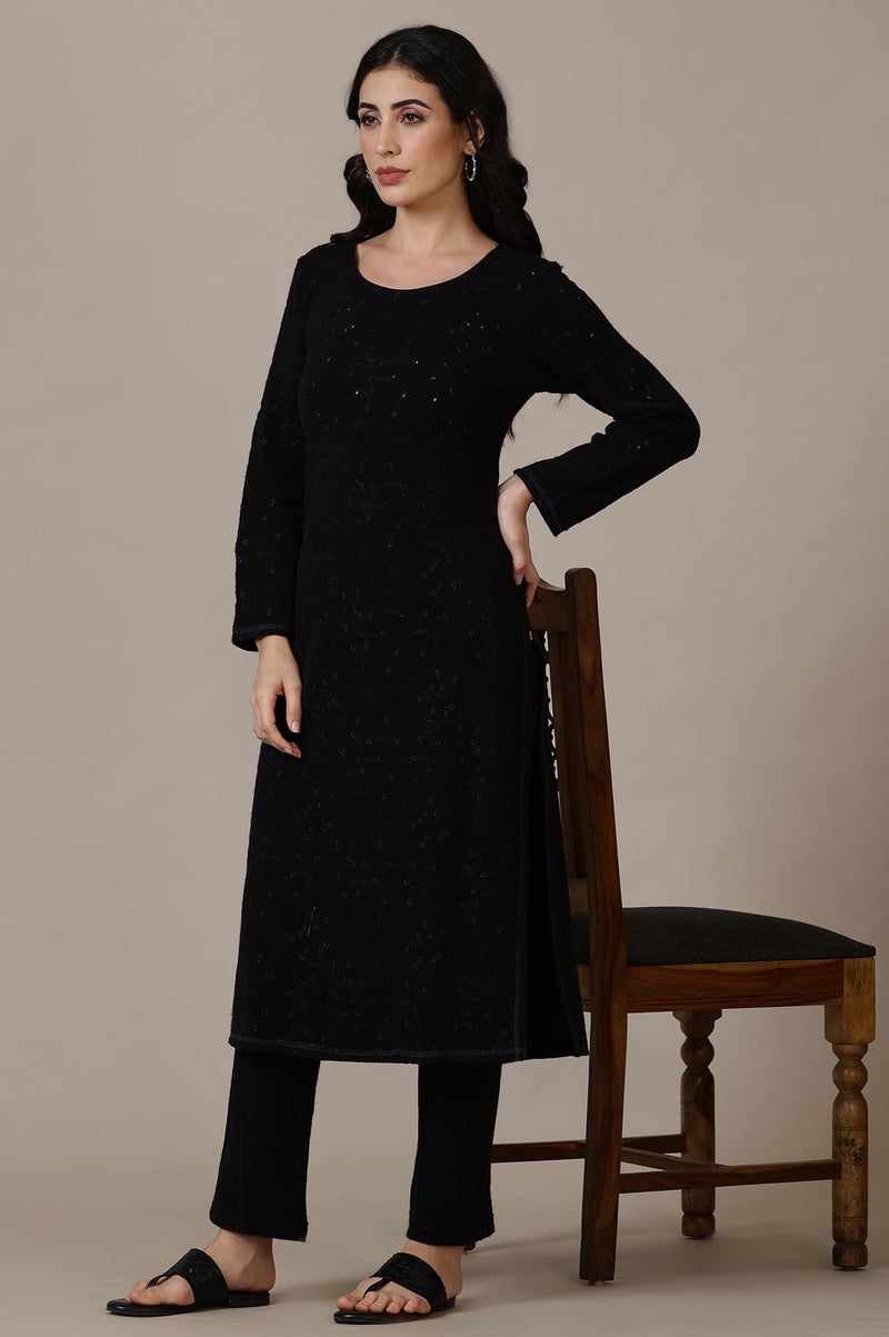 Aurelia Black Yarn Dyed Straight Kurta & Palazzo for Women (Size: M)-24NOAS15381-E705316 - Image 4