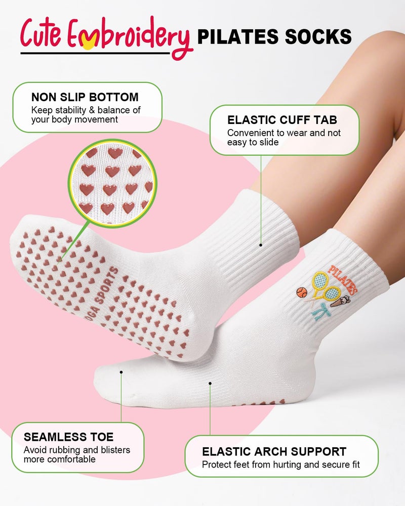 BLONGW Pilates Socks for Women, Cute Non-Slip Grip Crew Socks for Yoga, Barre, Hospital, Barefoot Workout, 3 Pairs - Image 3