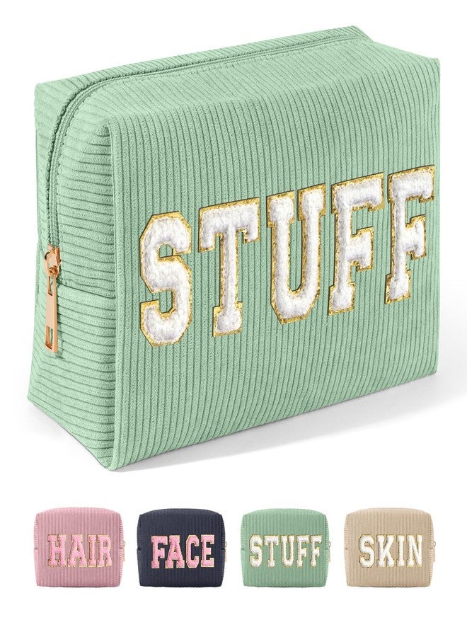 MAGEFY Small Makeup Bag for Purse Portable Makeup Pouch with Compartments Corduroy Make up Bag for Women Travel Cosmetic Essential (Green, STUFF) - Image 1