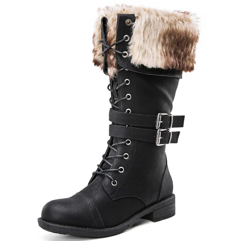 GLOBALWIN Women's Mid Calf To Knee High Boots Dressy Lace Up Black Combat Boots for Women Low Heel Size 9M - Image 1