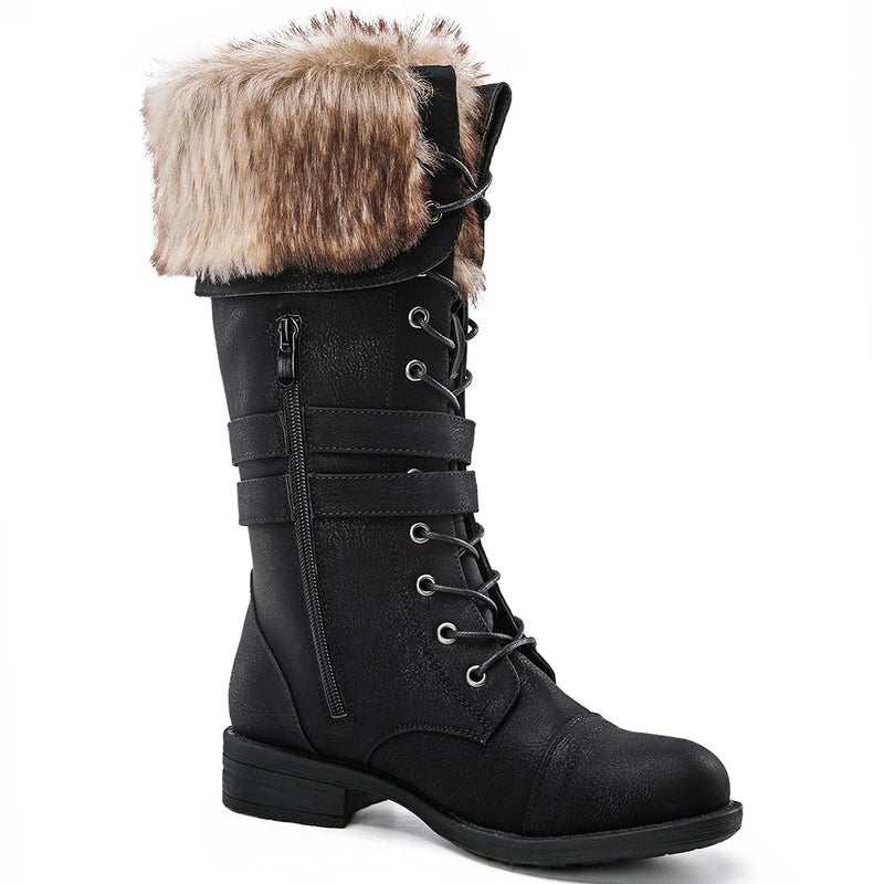 GLOBALWIN Women's Mid Calf To Knee High Boots Dressy Lace Up Black Combat Boots for Women Low Heel Size 9M - Image 3