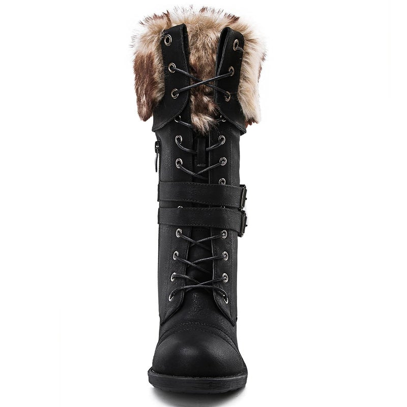 GLOBALWIN Women's Mid Calf To Knee High Boots Dressy Lace Up Black Combat Boots for Women Low Heel Size 9M - Image 4