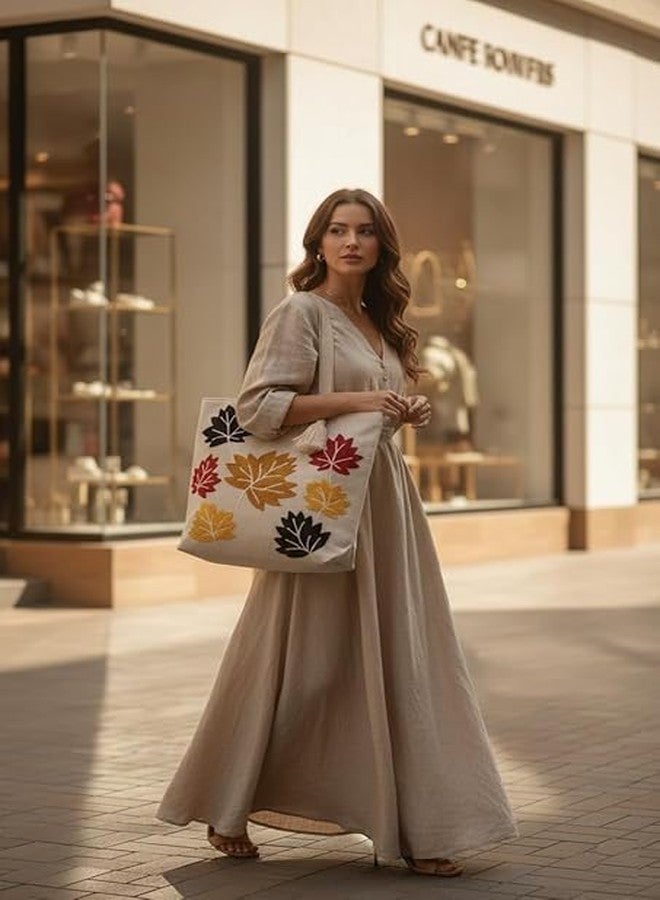 BLENZZA DECO حقيبة كتف وحقيبة يد من قماش الكانفاس القطني الطبيعي من بلينزا ديكو™، مزينة بتطريز عصري، مثالية للنساء، مناسبة للجامعة والتسوق والاستخدام اليومي (16 × 16 بوصة) (التصميم 6) - Image 5