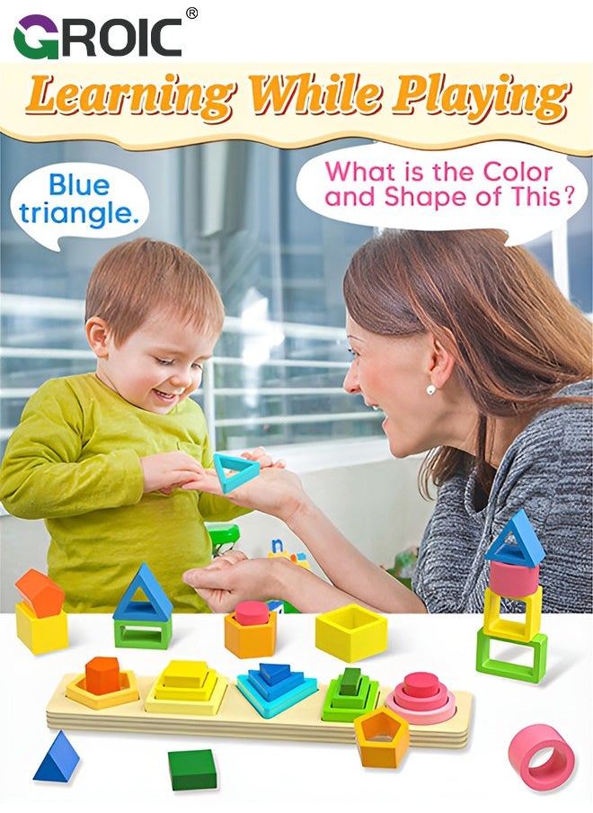 null - 5-in-1 Wooden Play Kit, Montessori Toys for Toddlers, Wooden Sorting & Stacking Toys Geometry Shape Sorter and Color Staking Preschool Kids Gift, Sensory Toy for Early Education Learning - Image 1