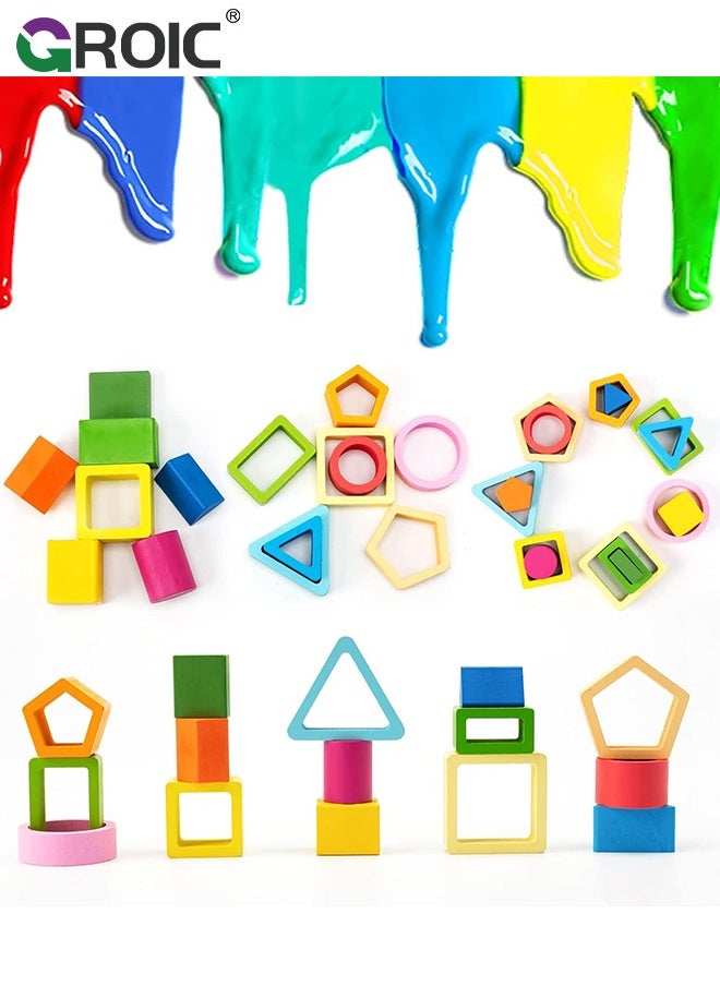 null - 5-in-1 Wooden Play Kit, Montessori Toys for Toddlers, Wooden Sorting & Stacking Toys Geometry Shape Sorter and Color Staking Preschool Kids Gift, Sensory Toy for Early Education Learning - Image 1