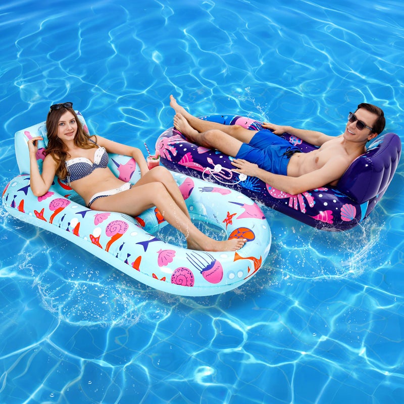 PuppyuWill 2 Pack Pool Floats Adult, Inflatable Pool Lounger Float Heavy Duty with Cup Holder, Backrest & Footrest Pool Lounge Float Extra Large Pool Rafts for Adults Beach Lake Party - Image 1