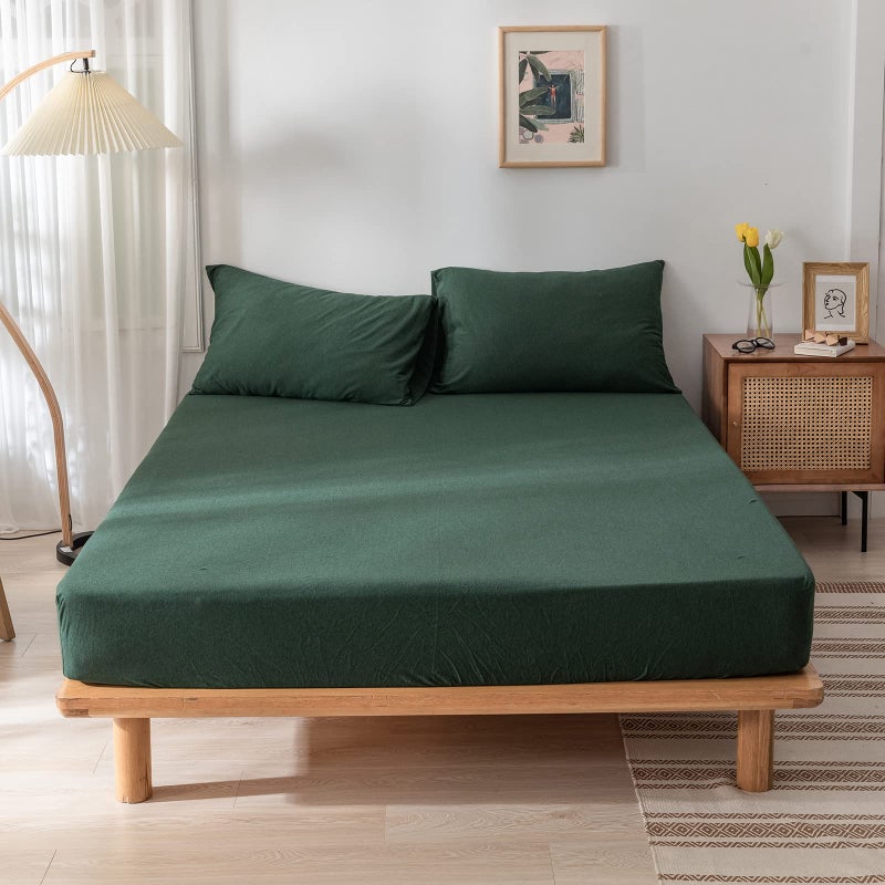 DONEUS Jersey Knit Cotton Fitted Sheet 3 Piece  Ultra Soft Wrinkle Free and Breathable 15 Inches Deep Pocket Elastic Sheets with 2 Pillowcases Solid Forest Green King