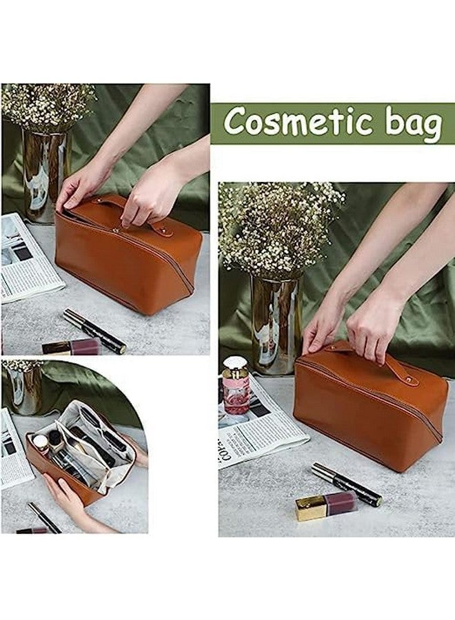 Selunay Portable Leather Cosmetic Makeup Storage Bag with Handle & Divider - Wide Opening Travel Organizer, Large Capacity for Women & Girls - Image 3