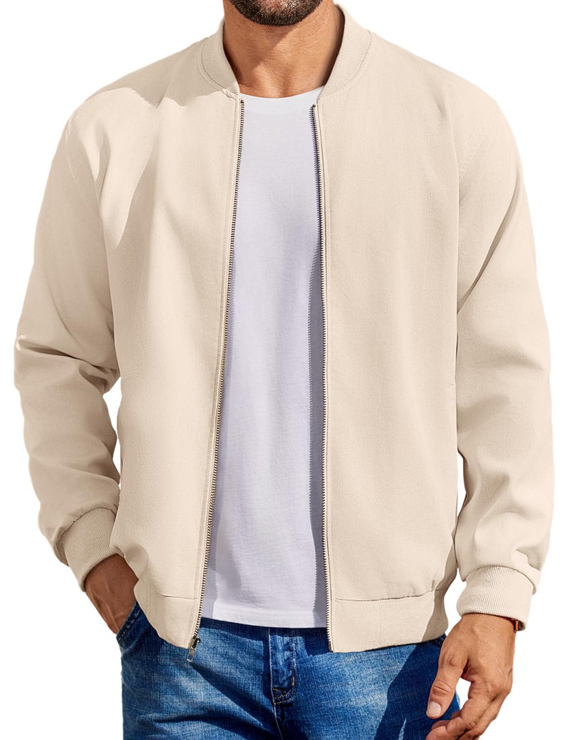 COOFANDY Mens Lightweight Varisty Jackets Casual Flight Bomber Jacket Softshell Coat Beige, Small - Image 1