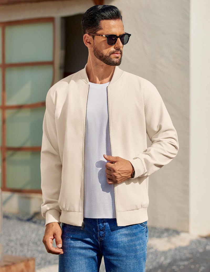 COOFANDY Mens Lightweight Varisty Jackets Casual Flight Bomber Jacket Softshell Coat Beige, Small - Image 2